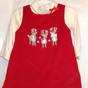 Bonnie Baby Dress Set, Corduroy, 18M, Red/Cream with 3 cute reindeers, pre-owned
